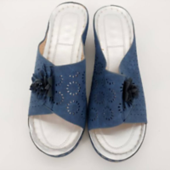 Yasirun Womens Slide Sandals Blue Floral Applique Wedge Heels Slip Ons 41 New - Picture 4 of 9